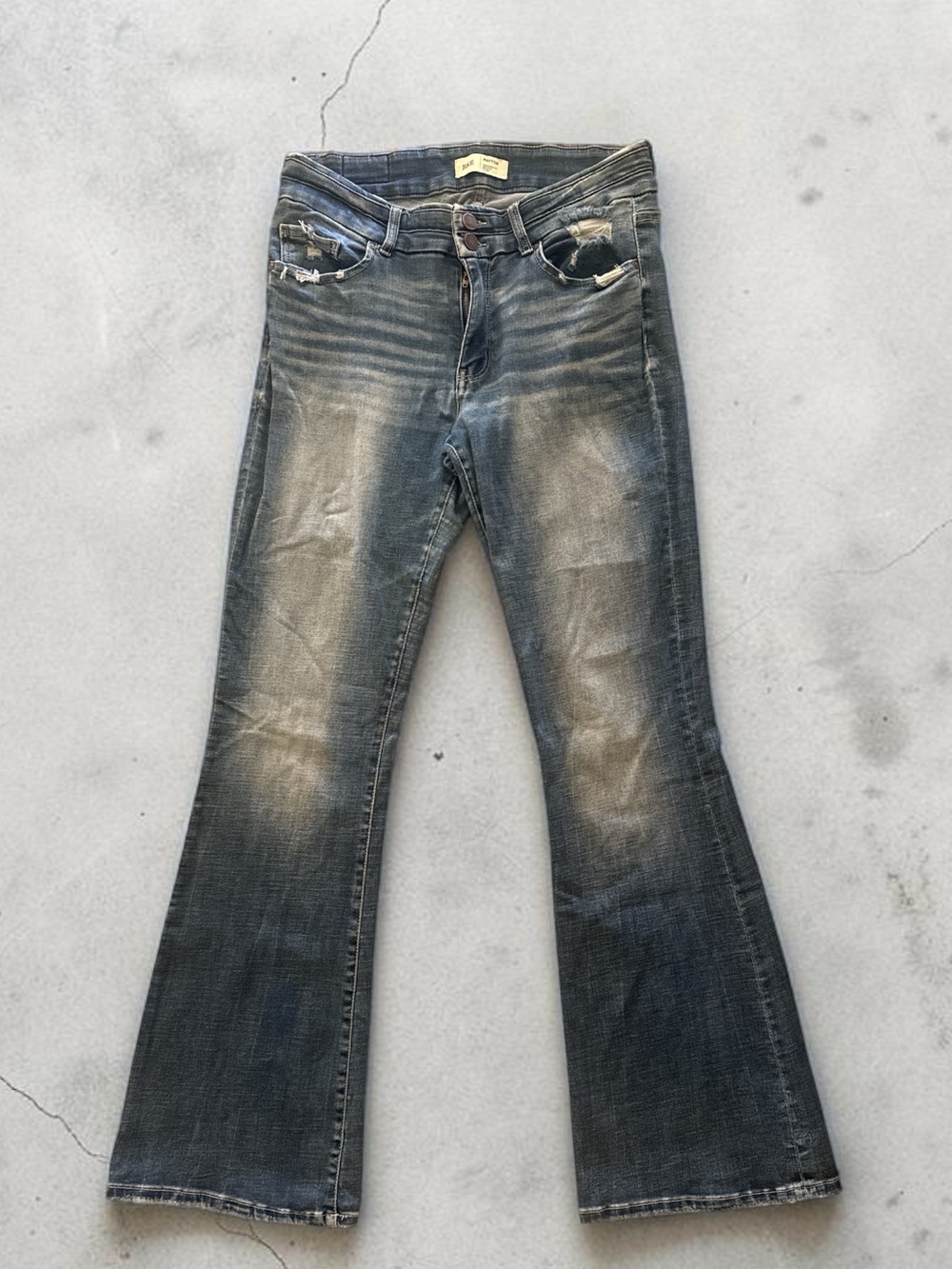 BKE Women's Distressed Dark Blue Flare Jeans